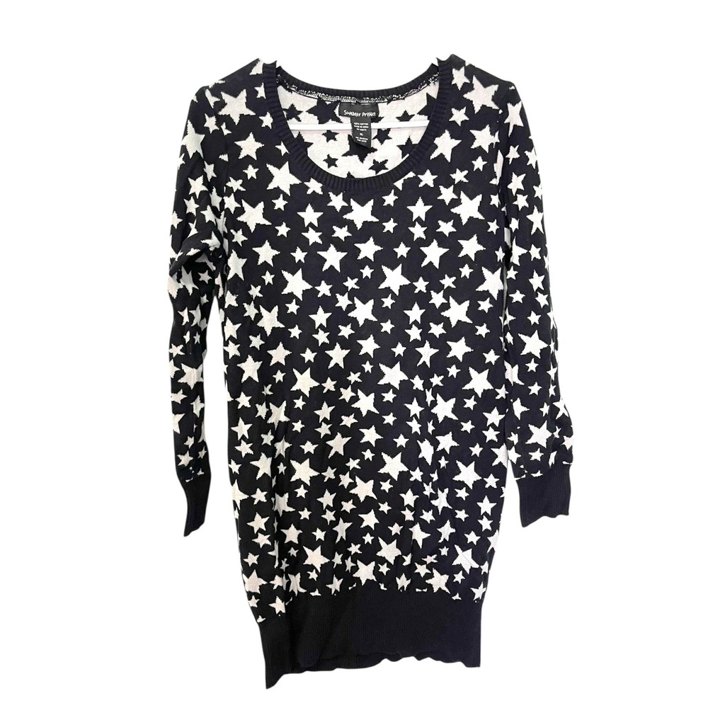 Sweater Project Juniors‎ XL Black Star Print Knit Pullover Indie Grunge Alt